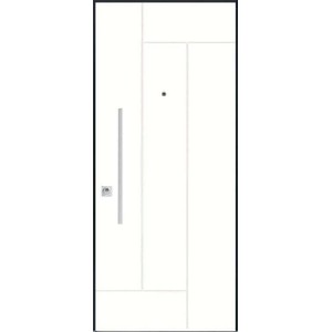 Porta blindata bianca moderna (t.b.t.) con telaio nero e design lineare.