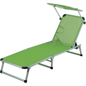 Lettino prendisole verde con tettuccio parasole per giardino o balcone.