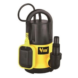 Pompa ad immersione Vigor giallo-nera con interruttore a galleggiante e raccordo per tubo.