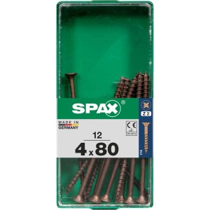 Viti per legno SPAX 4x80 mm in contenitore di plastica verde.