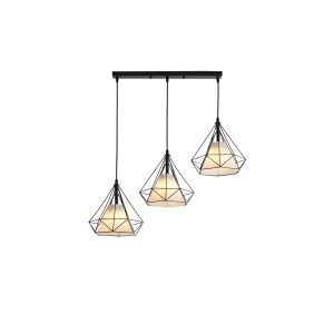 Lampada a sospensione nera con tre paralumi geometrici.