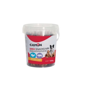 Secchio di snack per cani Camon Mini Snacks Mix, pollo e manzo, 500g.