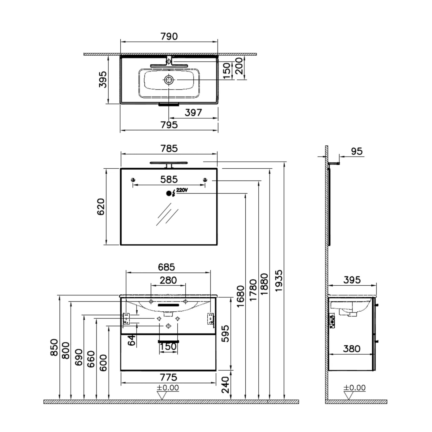 Disegno tecnico di mobile bagno t.b.t.: mobile lavabo, specchio con dimensioni.
