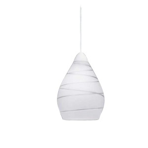 Lampada a sospensione t.b.t. bianca con delicate linee grigie per un'illuminazione elegante.