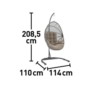 Sedia sospesa Leyburn in polyrattan grigio-tortora con telaio e dimensioni.
