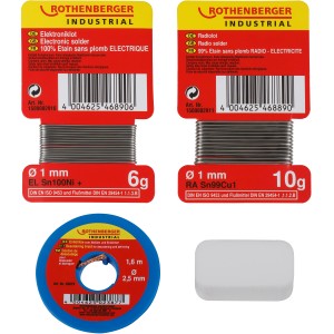 Rothenberger Set radio-elettronica, 4 pz, senza piombo, con stagno per saldatura, treccia dissaldante e pietra ammoniaca.