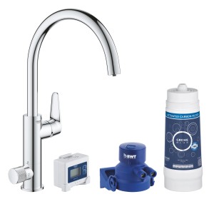 Grohe Blue Pure BauCurve Starter Kit: Miscelatore monocomando con filtro, testata filtro, cartuccia e display.