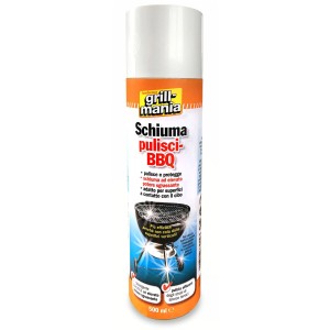 Schiuma detergente per barbecue in bomboletta spray, ideale per pulire griglie e superfici.