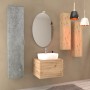 Set di mobili da bagno moderni con mobile lavabo, specchio e armadio in legno e effetto cemento.