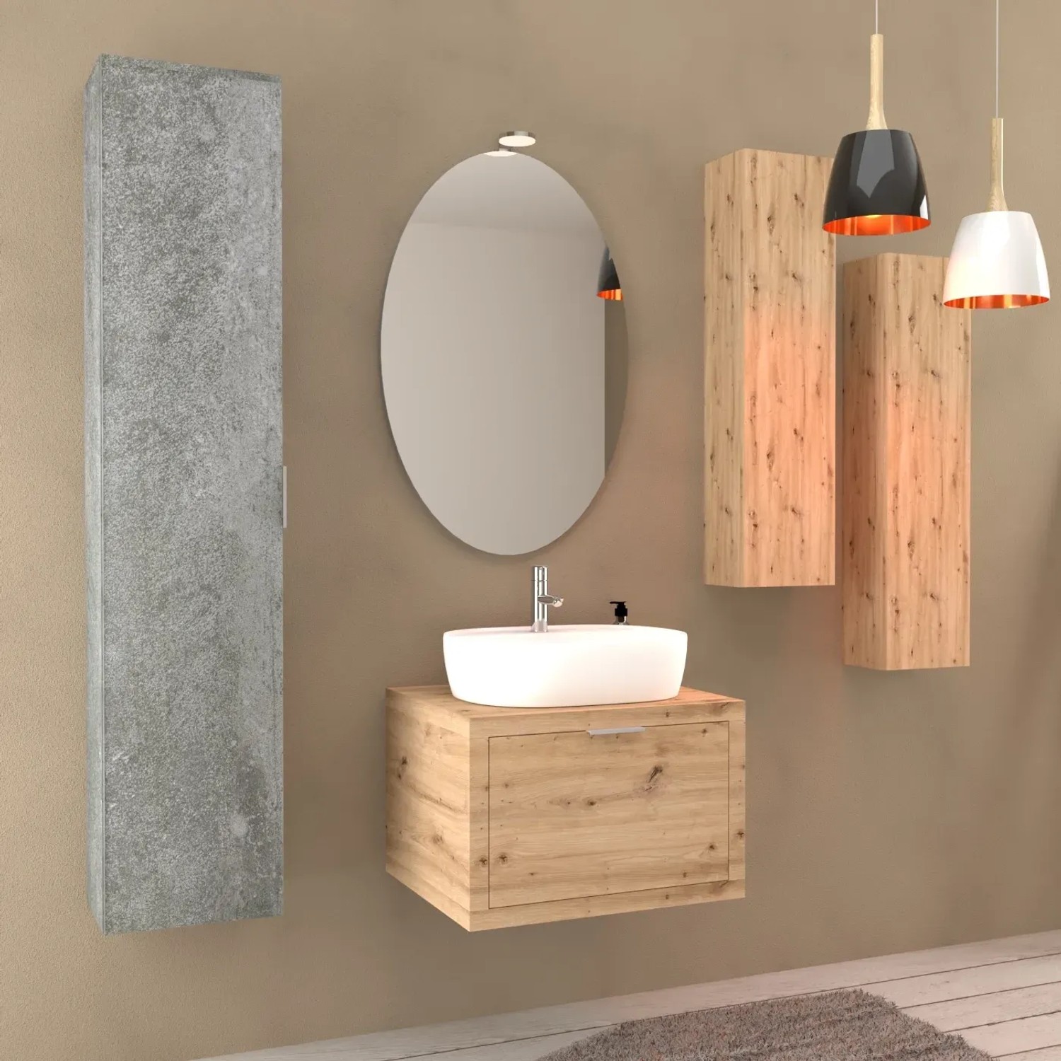 Set di mobili da bagno moderni con mobile lavabo, specchio e armadio in legno e effetto cemento.