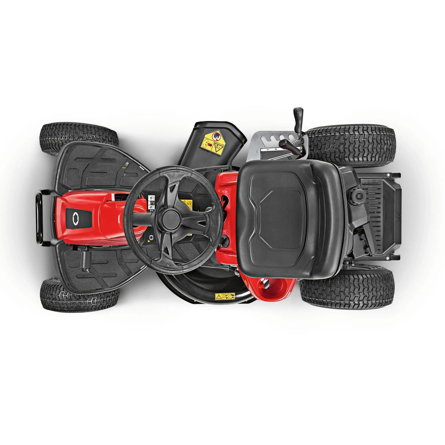 Vista dall'alto del trattorino tagliaerba rosso Troy-Bilt Mini-Rider 60T-S con scarico laterale.