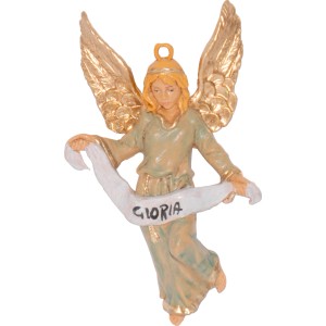 Statuetta dell'angelo per il presepe, con uno striscione con la scritta Gloria.