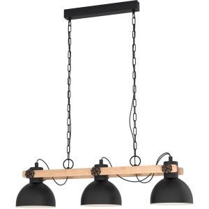 Lampada a sospensione Eglo Lubenham, 3 luci, nero-marrone, acciaio/legno, design vintage.