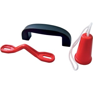 Set t.b.t.: Maniglia nera, staffa rossa e cordino con cono rosso per serrature e sistemi di chiusura.