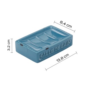 Dispenser sapone blu con scritta "Salle de Bain", in ceramica, rettangolare.