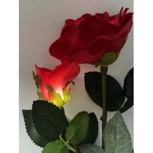 Rosa solare decorativa t.b.t. con fiori rossi e foglie verdi, illuminata.