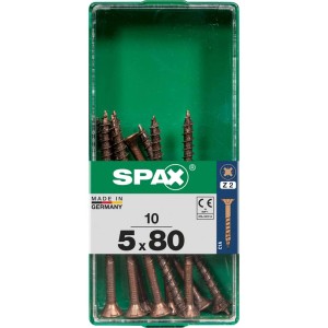 Viti per legno SPAX 5x80, 10 pezzi in contenitore di plastica verde.