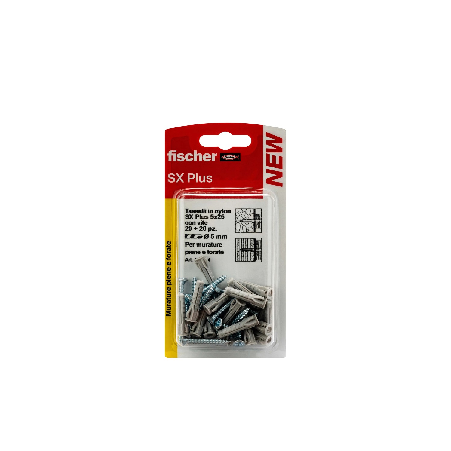 Fischer SX Plus tasselli 5x25 con viti, 20+20 pezzi, per materiali da costruzione pieni e forati.