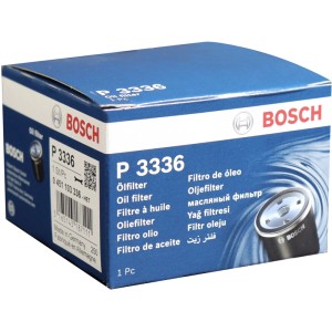 Filtro olio Bosch P 3336 nella scatola blu per manutenzione e riparazione auto.