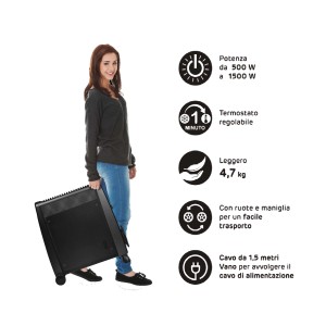 Termosifone elettrico t.b.t. nero, mobile, con maniglia e ruote.