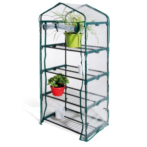 Piccola serra con quattro ripiani e copertura trasparente.