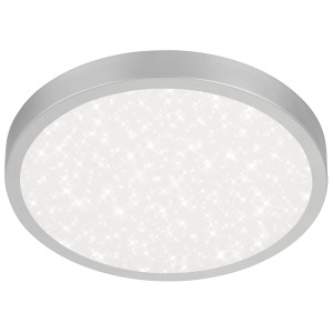 Plafoniera LED rotonda con cornice argentata e motivo a stelle.