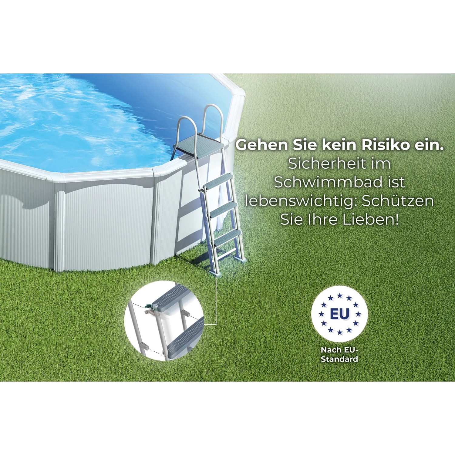 Piscina ovale Gre Bora Bora, Ø 300 cm, con scaletta di sicurezza in giardino.