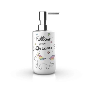 Dispenser sapone bianco con motivo unicorno e testina a pompa argentata.
