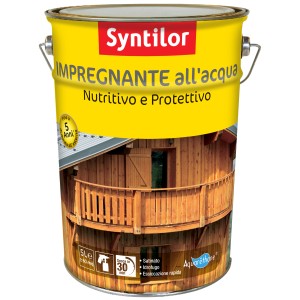Impregnante per legno Syntilor in secchio di metallo giallo. Nutre e protegge.