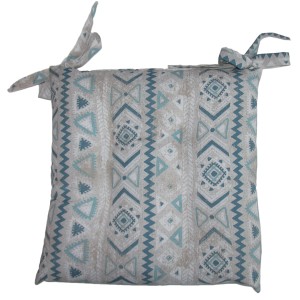 Cuscino quadrato per sedia con motivo etnico blu-grigio e lacci.