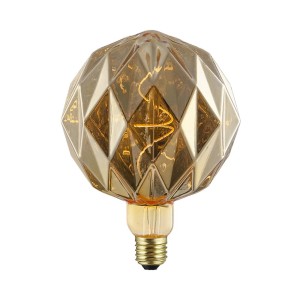 Lampadina LED E27 decorativa dorata con design geometrico.