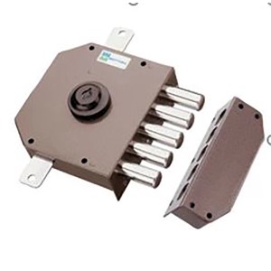 Serratura per porta t.b.t. con bulloni multipli e piastra di montaggio.