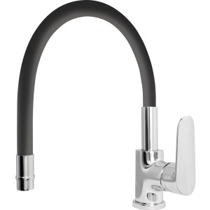 Miscelatore monocomando t.b.t. con bocca flessibile nera e finitura cromata.