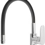 Miscelatore monocomando t.b.t. con bocca flessibile nera e finitura cromata.