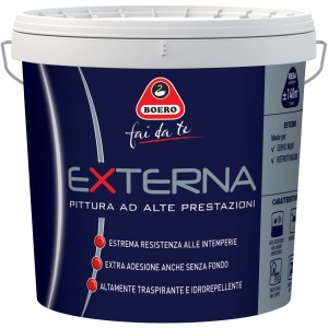 Secchio di pittura per esterni Boero Externa, alta copertura e resistente alle intemperie.