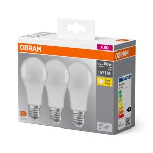 Lampadina LED E27 OSRAM, confezione da 3, bianco caldo, 13W. Lampadine LED a risparmio energetico per la tua casa.