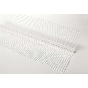 Dettaglio di un profilo angolare di protezione bianco con rete per materiale isolante.