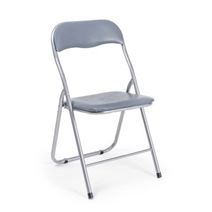 Sedia pieghevole grigia t.b.t. con struttura in metallo per facile stoccaggio.