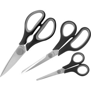 Set di 3 forbici con lame in acciaio inox e manici neri di diverse dimensioni.