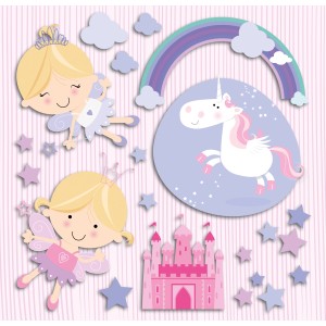 Set di adesivi murali con fate, unicorno, arcobaleno, castello e stelle per la cameretta dei bambini.