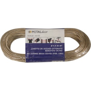 Cavo in acciaio ottonato avvolto, rivestito in PVC, diametro 4,5 mm, lunghezza 20 m.
