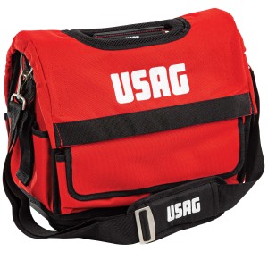Borsa da lavoro USAG rossa con tracolla nera e logo.