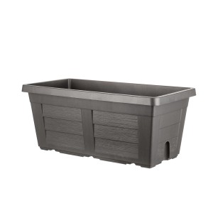 Fioriera da esterno grigia con design effetto legno.