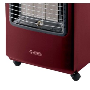 Dettaglio di una stufa a gas rossa Olimpia Splendid con ruote.