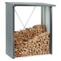 Biohort WoodStock 150 legnaia in grigio scuro metallizzato, piena di legna.