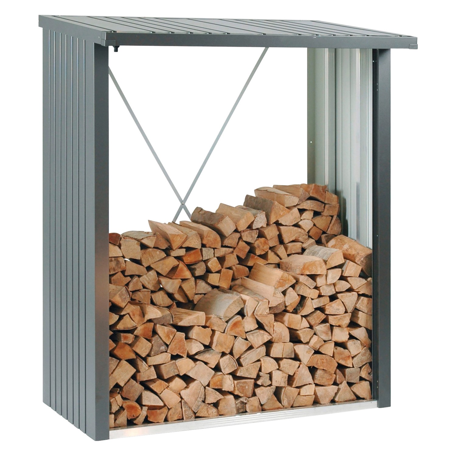 Biohort WoodStock 150 legnaia in grigio scuro metallizzato, piena di legna.