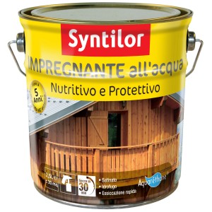 Barattolo giallo di impregnante per legno Syntilor con immagine di una casa in legno.