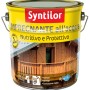 Barattolo giallo di impregnante per legno Syntilor con immagine di una casa in legno.