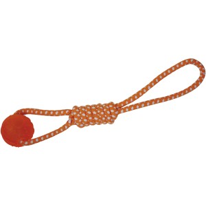 Corda per cani arancione con palla e anello, gioco resistente per cani.