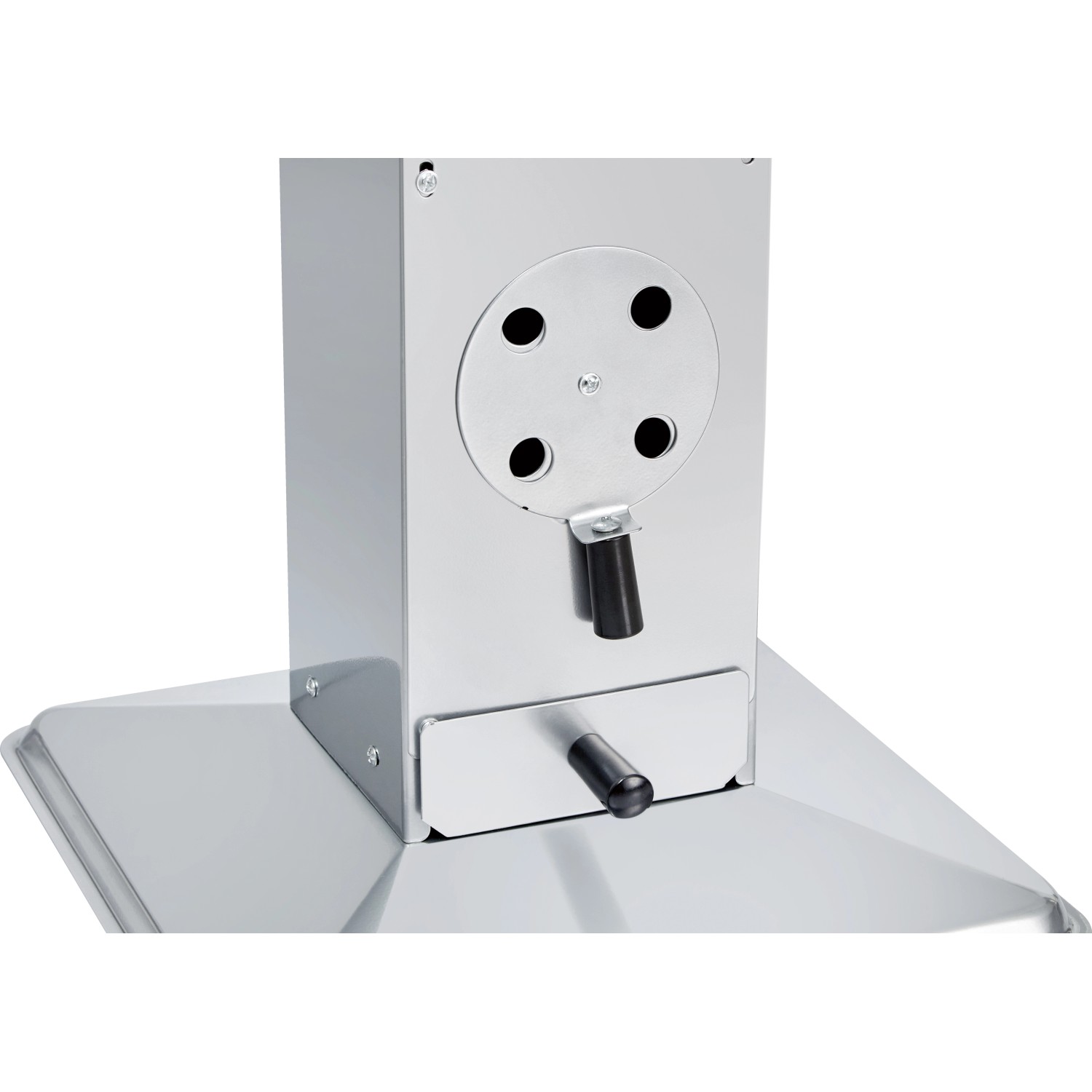 Dettaglio griglia a colonna: Base in acciaio con ventilazione e cassetto cenere.